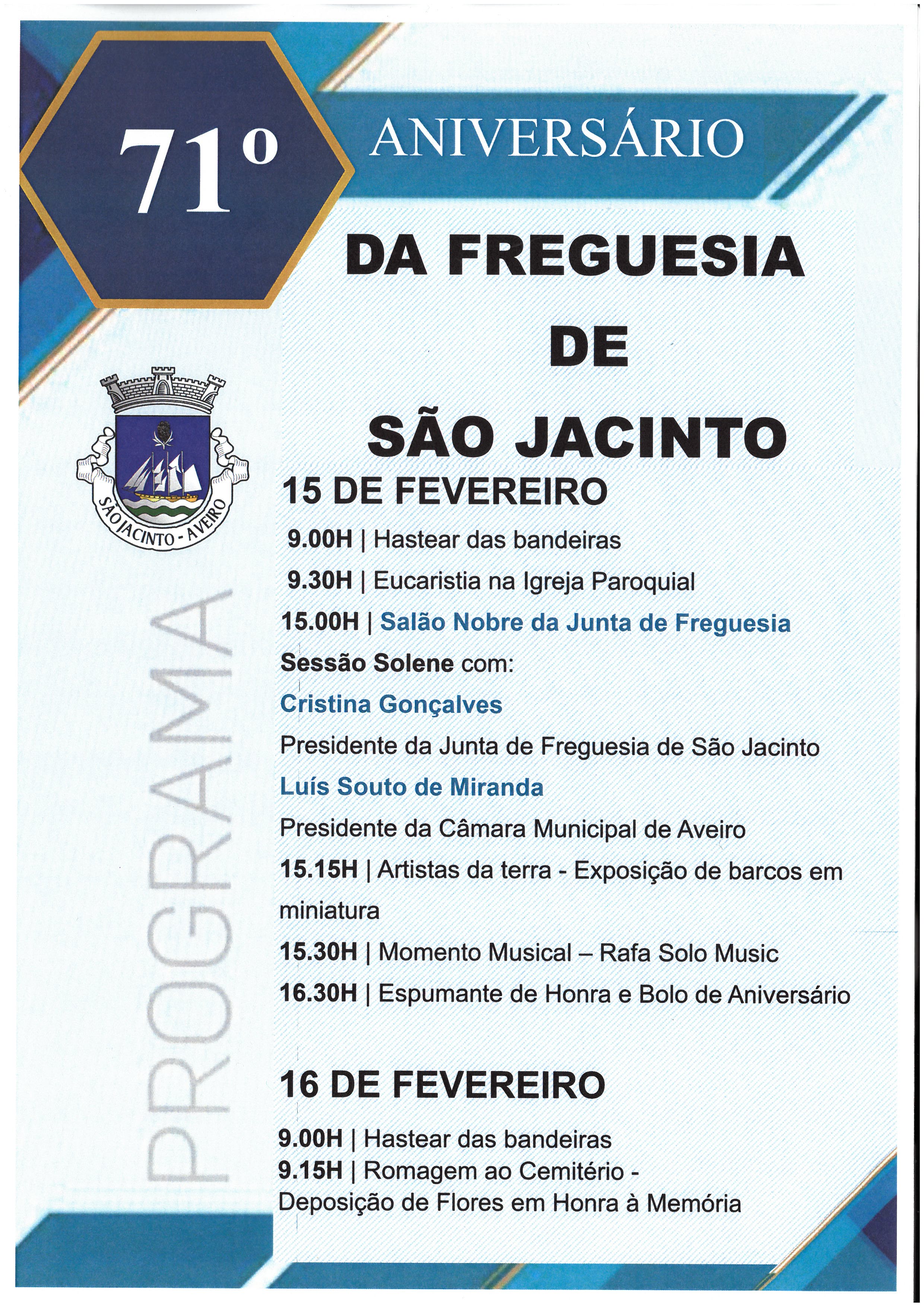 Notícia Programação  do 71ºAniversário da Junta de Freguesia São Jacinto